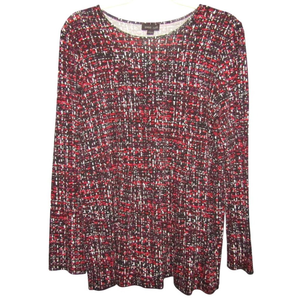 J Jill Wearever Tunic Top Size M Black Red Purple Crosshatch Print Womens Basic